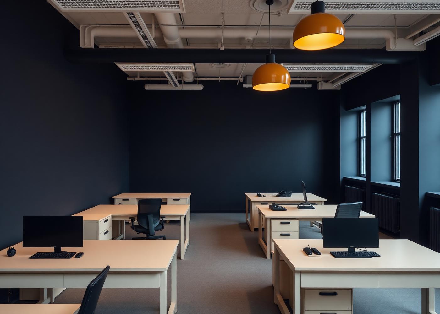 Quiet engineering studio with cream desks, dark navy walls and amber pendant lighting